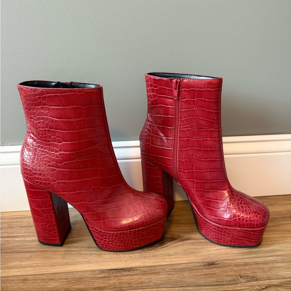 Aldo Red Heeled Boots with Croc Texture